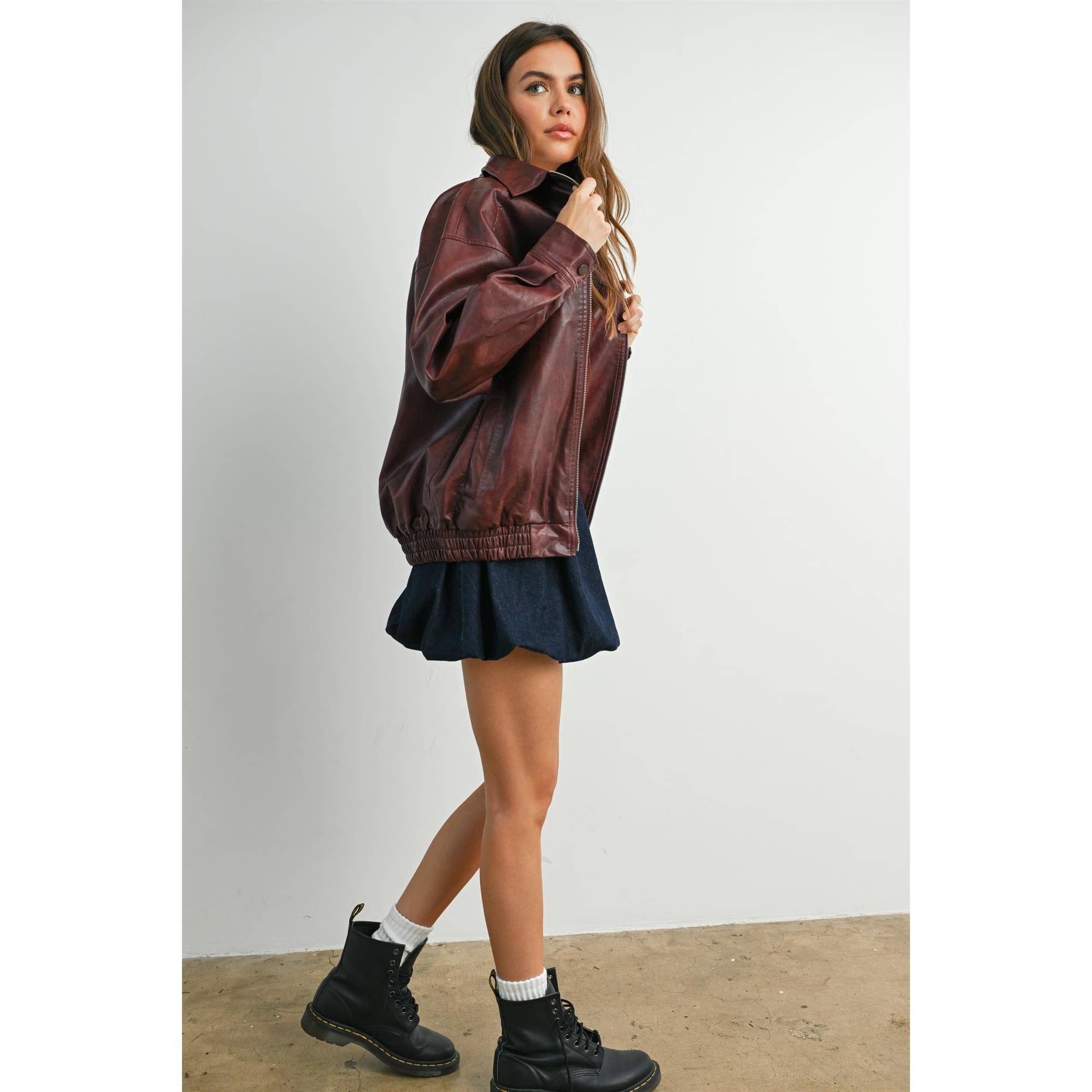 BUTTERMELON - Wholesale Jacket - Women's - Collared Zip-Front Leather Jacket - BMJ796814