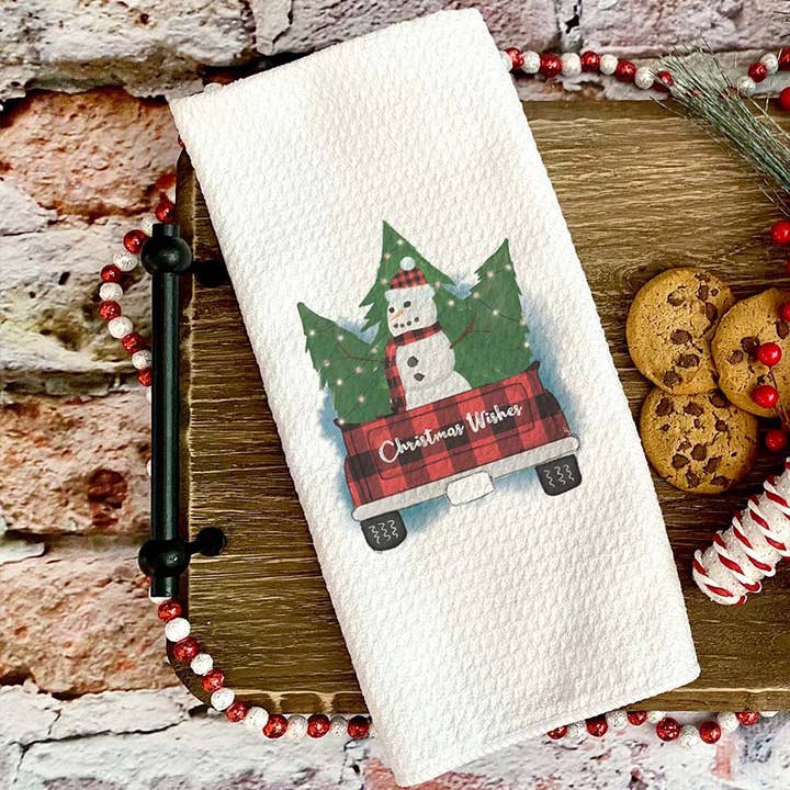 Christmas Wishes Kitchen Towel, Snowman Dish Towel for wholesale by Canary Road