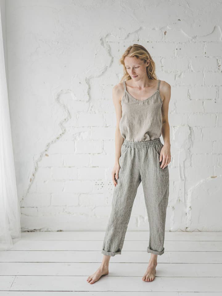 Natural Loose Linen Pants with Elastic Waistband for wholesale by Epic Linen