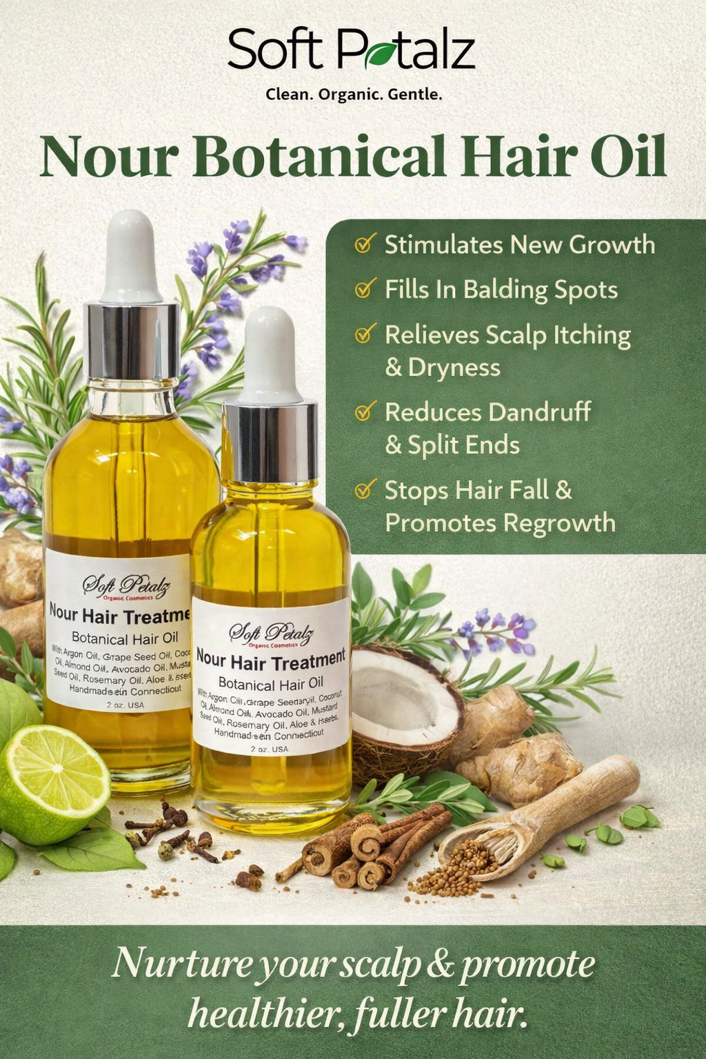 Soft Petalz Organic Cosmetics LLC - Vendita all'ingrosso Oli per capelli - Trattamento Capelli Nour Olio Botanico per Capelli2