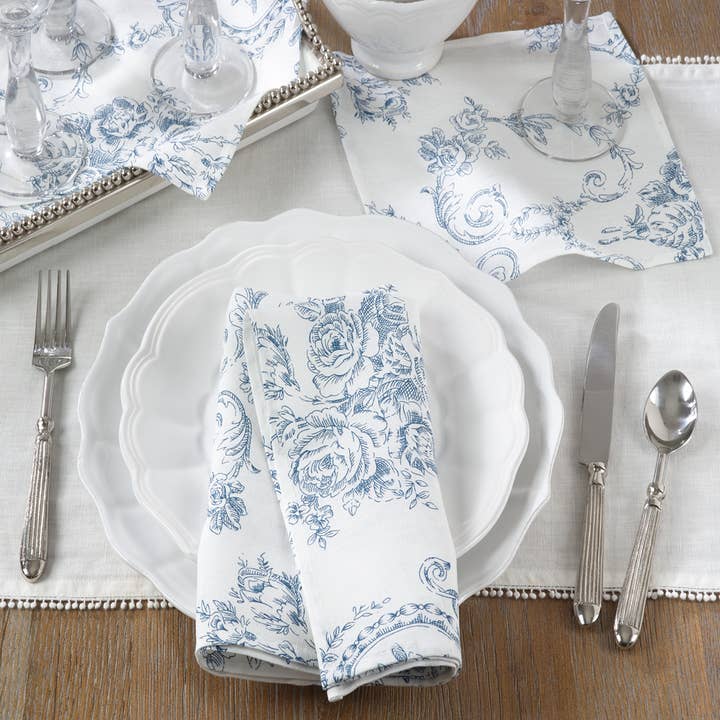 Fennco Styles - Vente Serviettes de table en tissu - Serviette en tissu 100 % lin blanc à motif floral Indigo Toile0