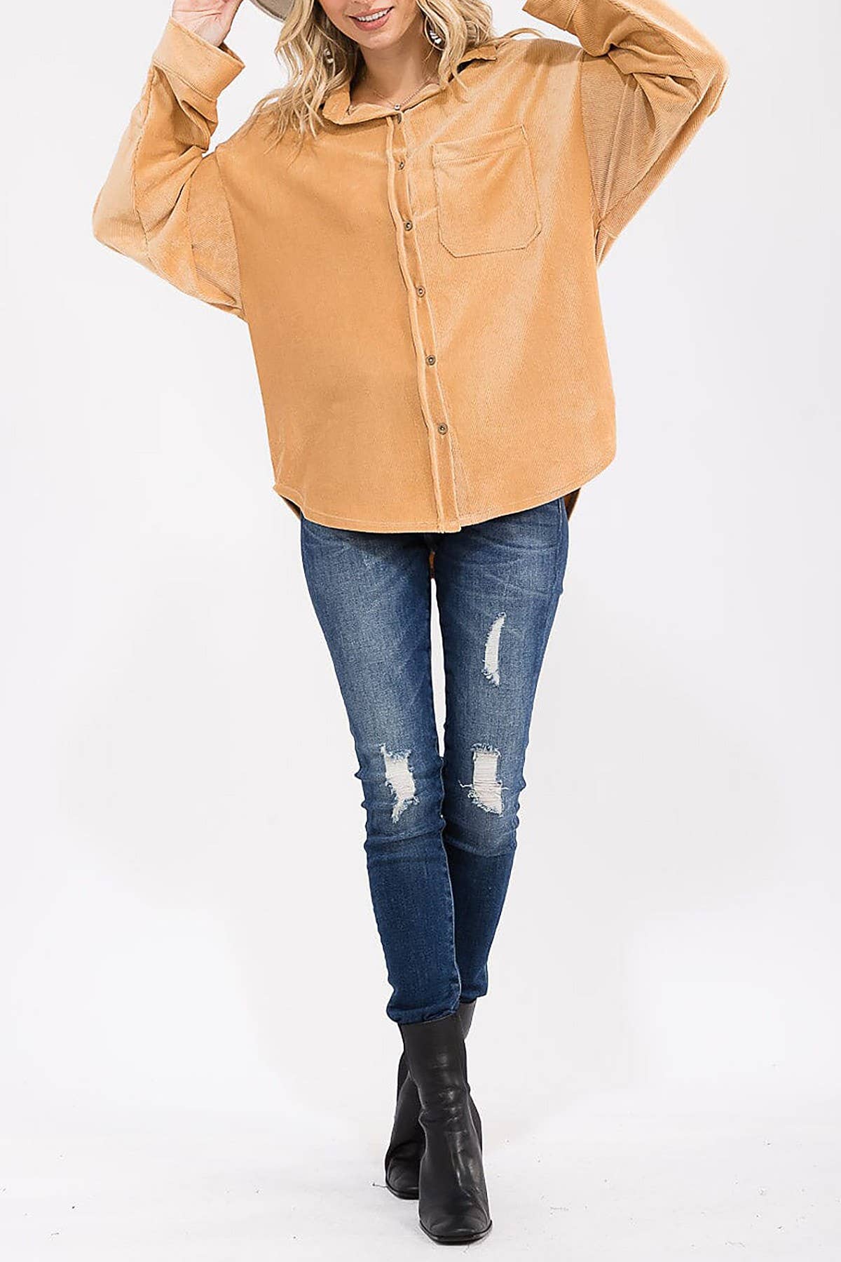 ROUSSEAU - Wholesale Button Down Shirt - Women's - OVERSIZED CORDUROY BUTTON DOWN POCKET FRONT TOP23