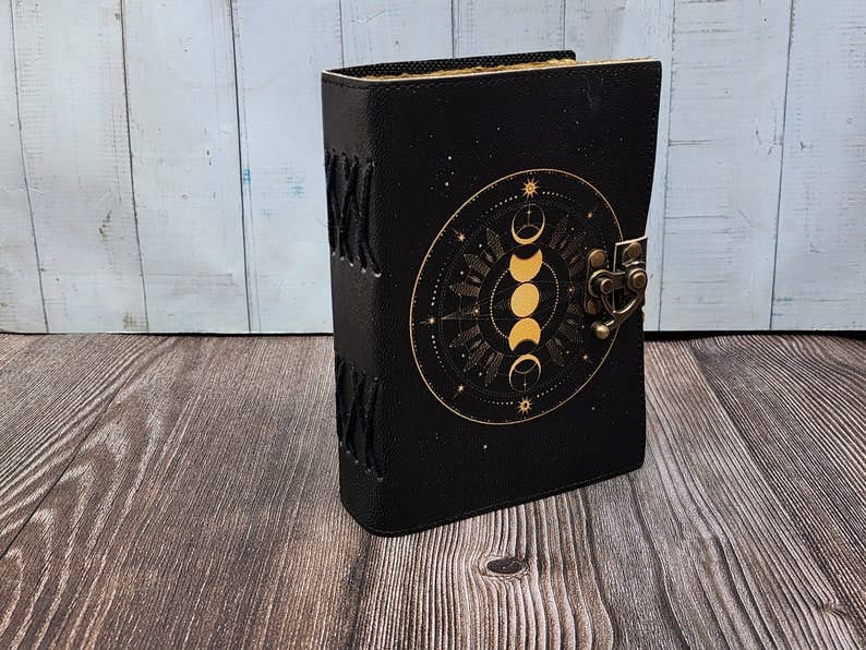 Jay mataji Handicrafts - Wholesale Dagboek/agenda - Grimoire notitieboek met maanfaseprint, zwart leren journal1