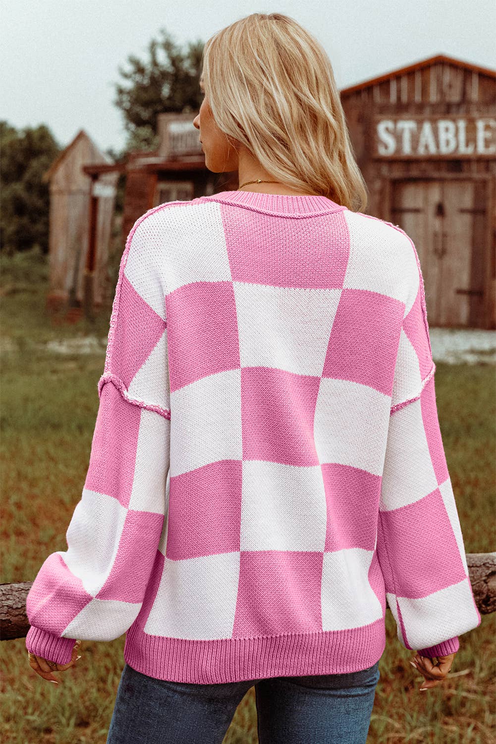 fashionworks - Wholesale Knit Sweater - Women's - Fashion-W Checkered Bishop Sleeve Sweater*S-2XL26