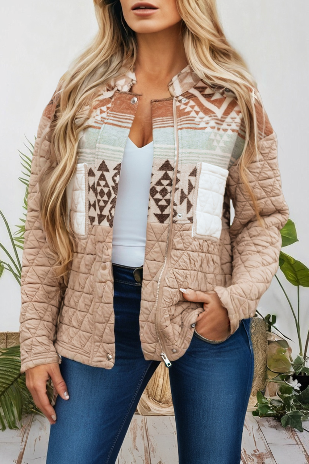 Beige Veste de mode western aztèque matelassée patchwork 66 (S-XL) en vente sur Faire0