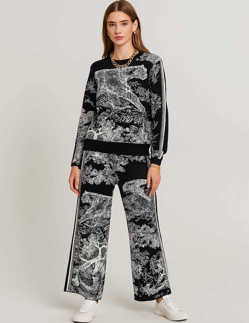 Sweetkama - Wholesale Lounge Set - Women's - Ladies Color Block Tiger Pattern Knit Sweater & Pants 2PCS Set12