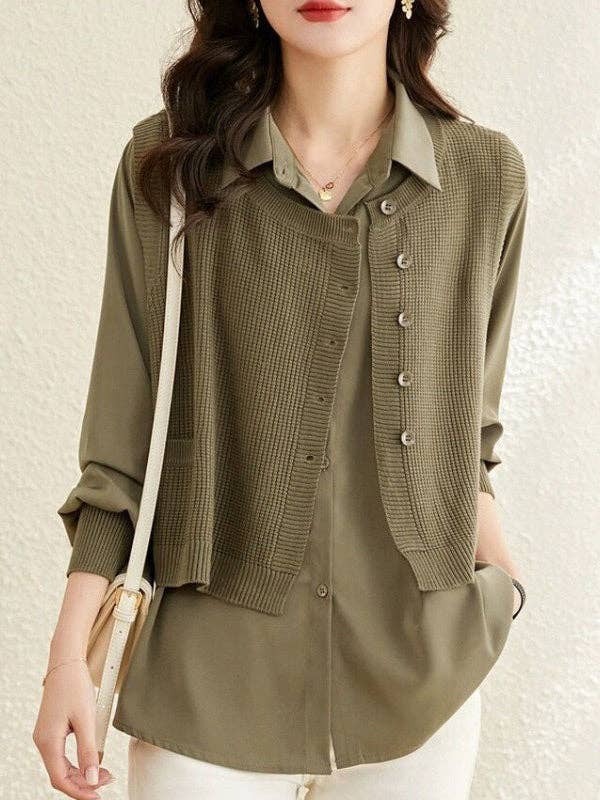 Long Sleeves Loose Solid Color Lapel Inner Shirt + Buttoned Pockets Outer Knit Vest Two Pieces Set for wholesale by StyleGalX