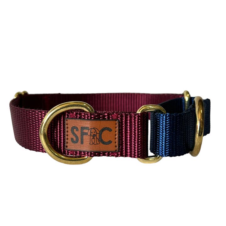 Martingale Dog Collar, Maroon and Navy with Brass for wholesale by Sew Fetch Dog Co