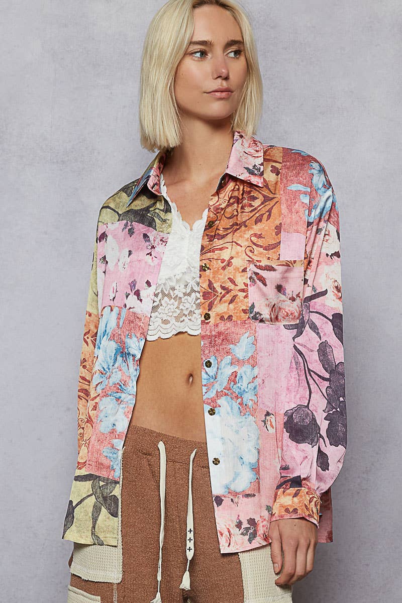Pol Clothing - Vente Chemise à col boutonné – femme - Haut chemise tissé à manches longues imprimé floral25