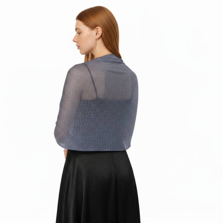 Navy Shimmer Knit Shawl Wrap with Ring Detail and Fringe Hem 17.5x63in for wholesale on Faire3