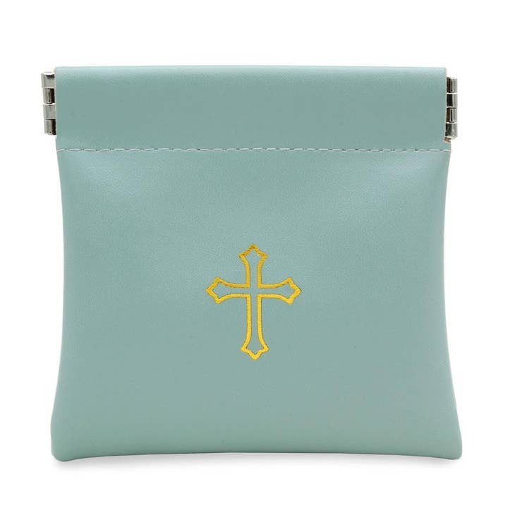Squeeze Top Rosary Pouch Green Faux Leather w/Cross Imprint for wholesale by RM Trading