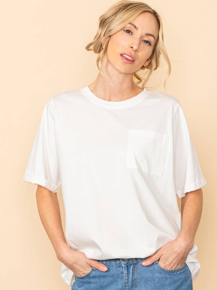 Elloh Collection – wholesale T-shirt – women's – Round Neck Boyfriend Fit Cotton T-Shirt with Front Pocket15