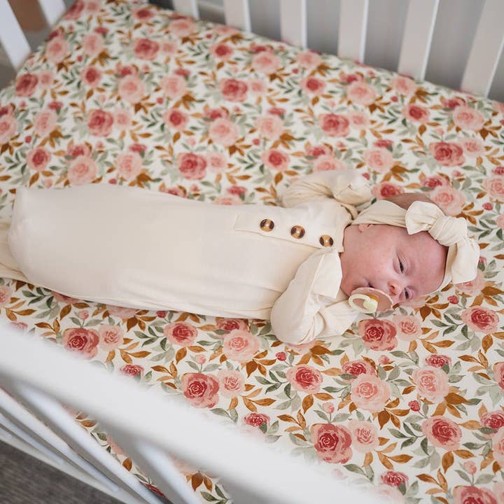 Bamboo Premium Fitted Crib Sheet - Dusty Pink Floral for wholesale by Harp Angel Boutique