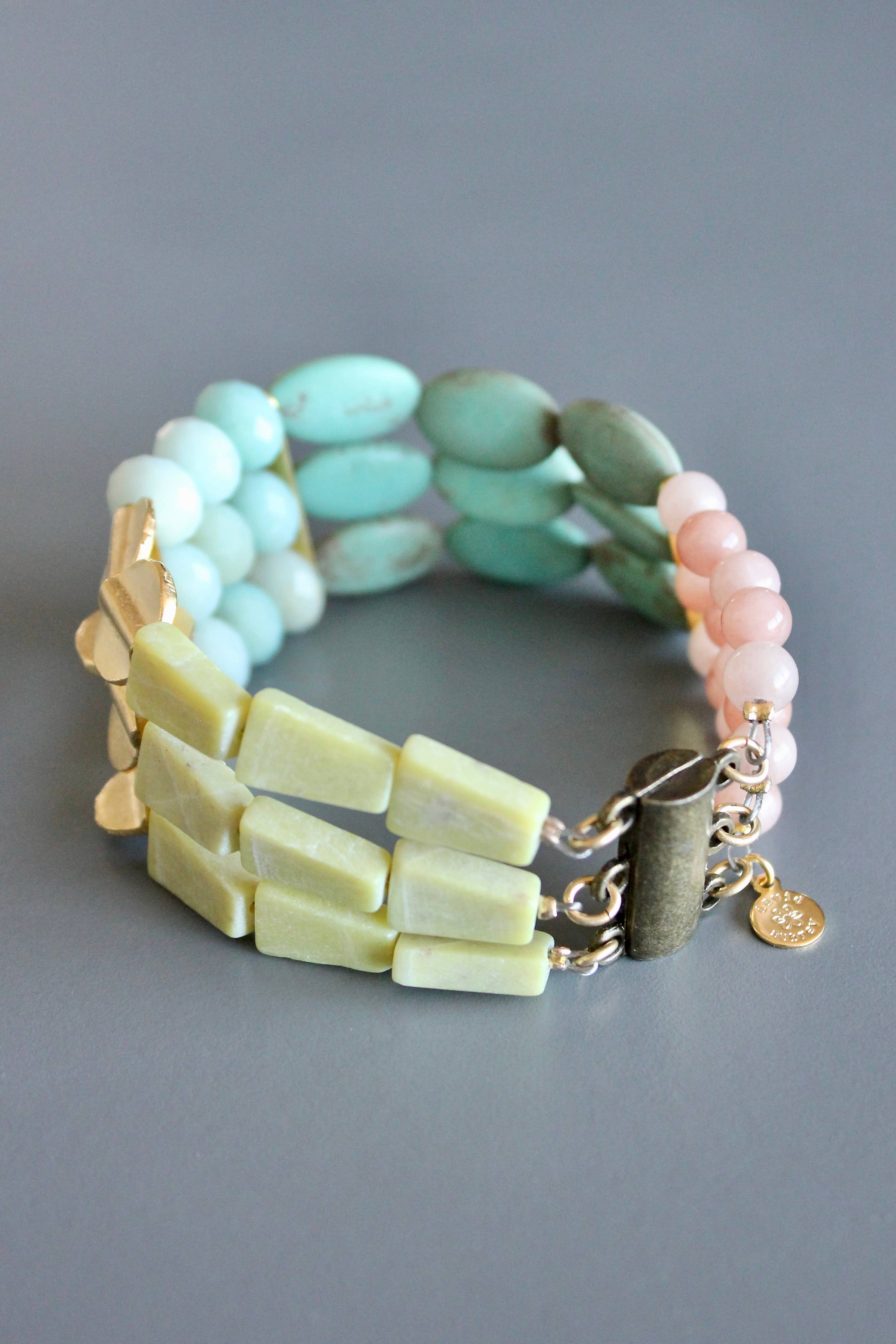 David Aubrey Jewelry - Wholesale Beaded Bracelet - MLNB07 Blush pink, turquoise, and yellow jade bracelet2