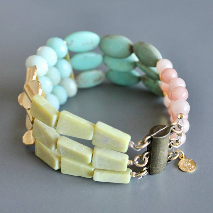 David Aubrey Jewelry - Wholesale Beaded Bracelet - MLNB07 Blush pink, turquoise, and yellow jade bracelet2