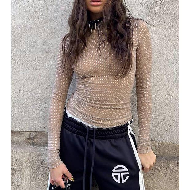 Flesh Sexy y2k rhinestone sheer top mesh t-shirt for wholesale on Faire9