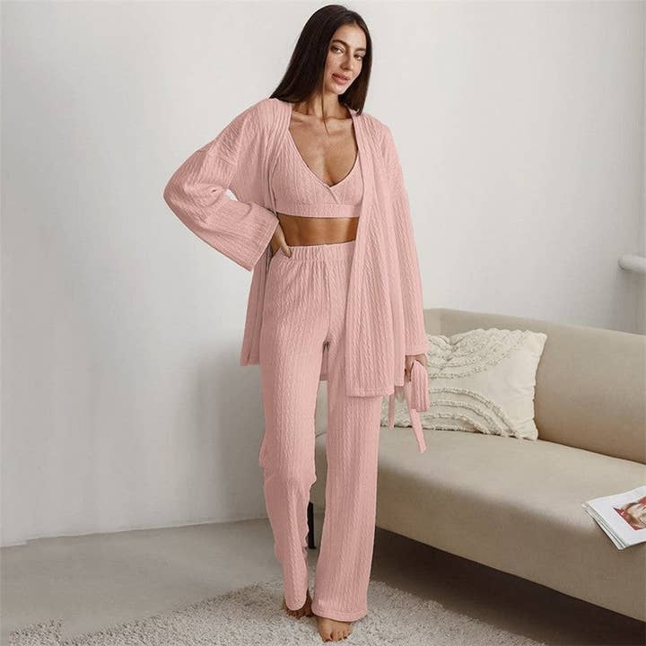 Casual Knitted Set with Loose Bralette, Long Sleeve Cardigan, and Tie-Waist Pants - Solid Color Lou for wholesale by FurDecoration