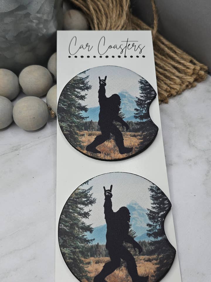 Big Foot Car Coasters for wholesale by Woody Bee Creations