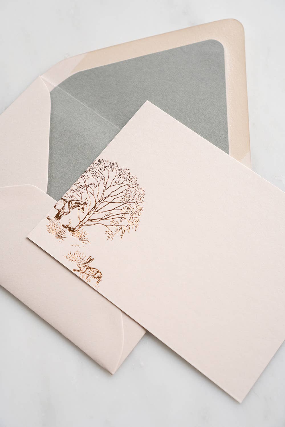 Danielle Demers Studio – wholesale Stationery/notecard set – Horse, Hare & Willow Foil Stamped Cards, Cream, Set of 80