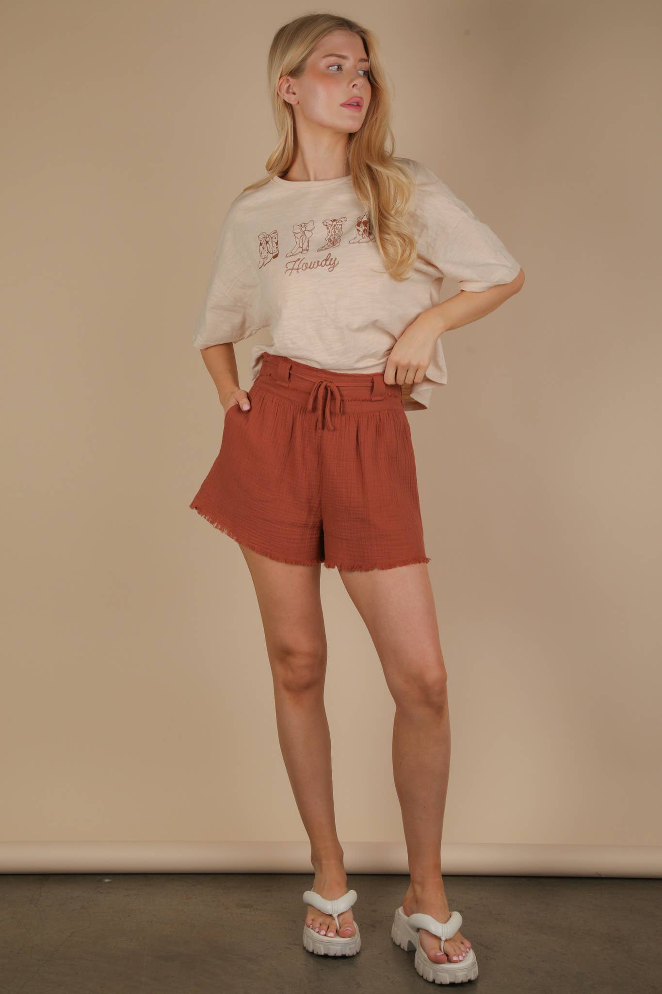 VERY J - Wholesale Shorts - Women's - NP70879-Cotton Gauze Shorts W/ Front Tie4