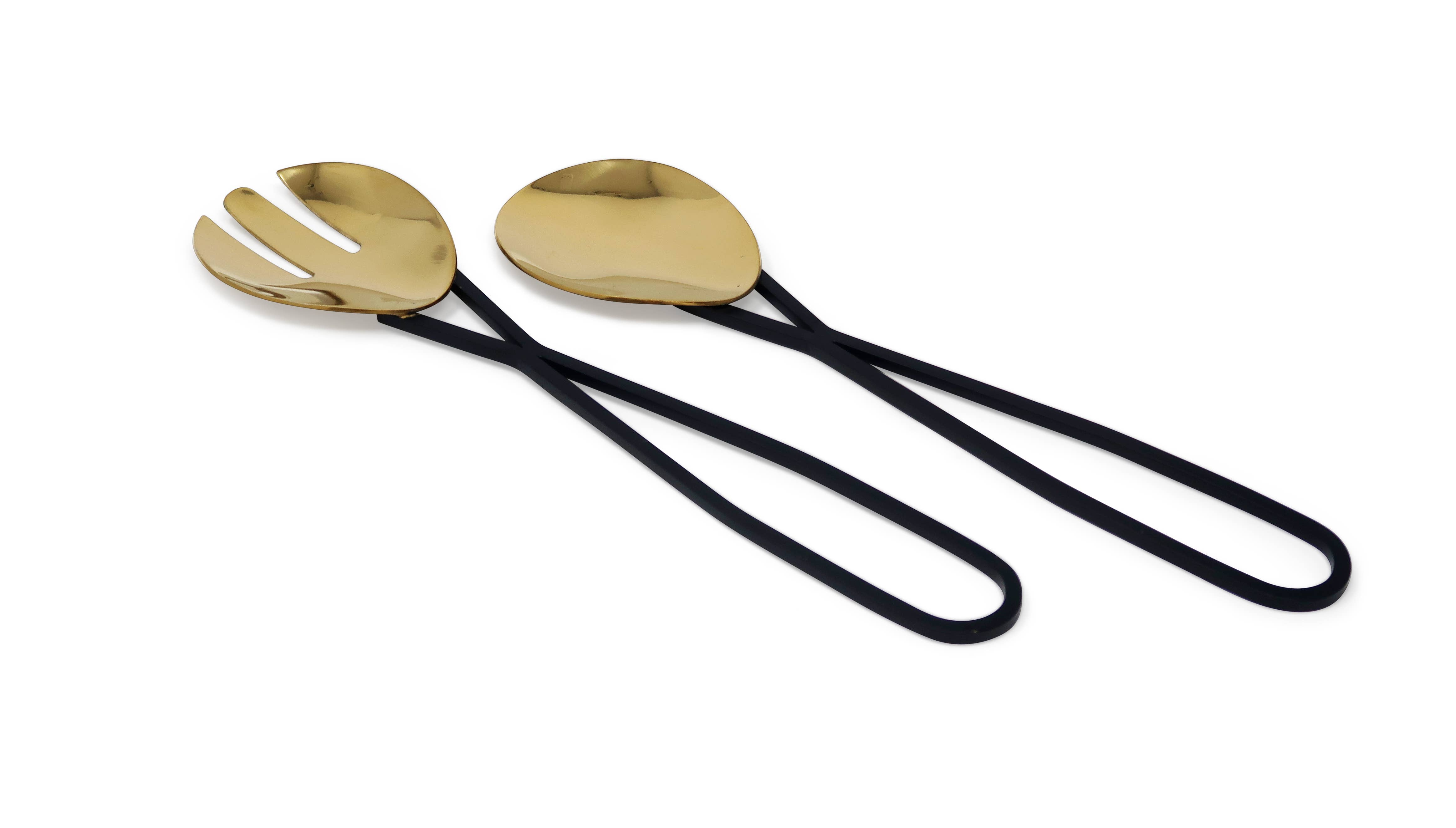 VIVIENCE - Wholesale Serving Utensil - Set of 2 Gold Salad Servers with Black Loop Handles0