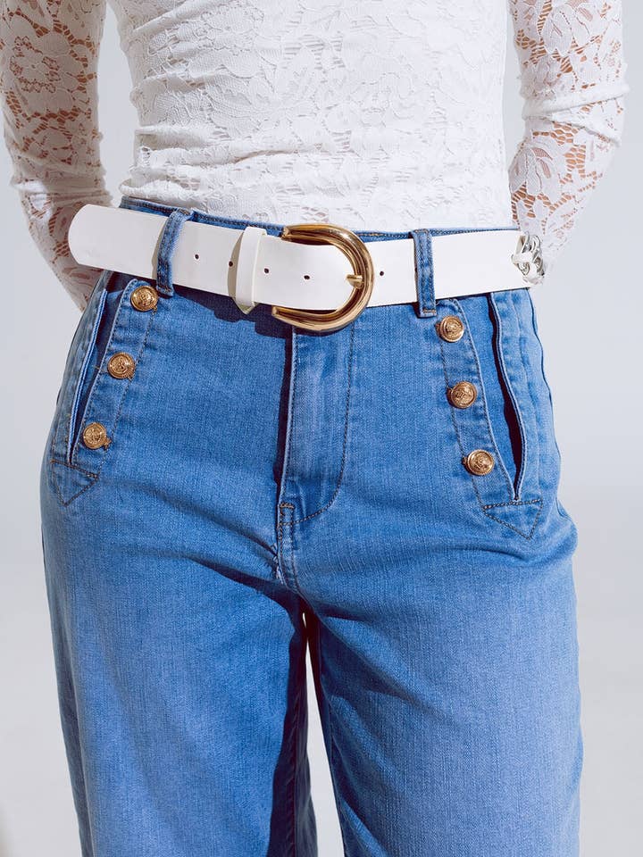 Straight Flared Jeans In Washed Blue With Button Detail for wholesale on Faire4