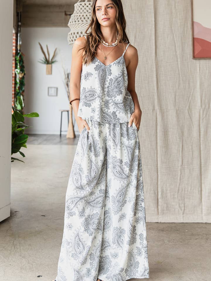 CREAM BLACK PAISLEY PRINT CAMI AND PANTS SET for wholesale on Faire