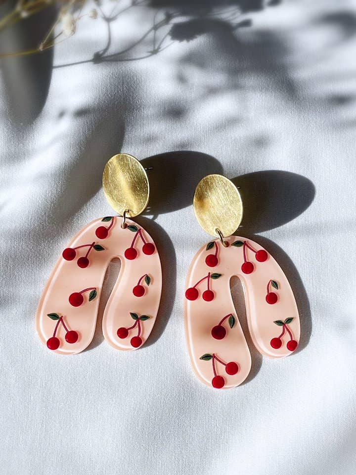 geometric cherry arch earrings - cherries for wholesale by Pearl and Ivy Studio