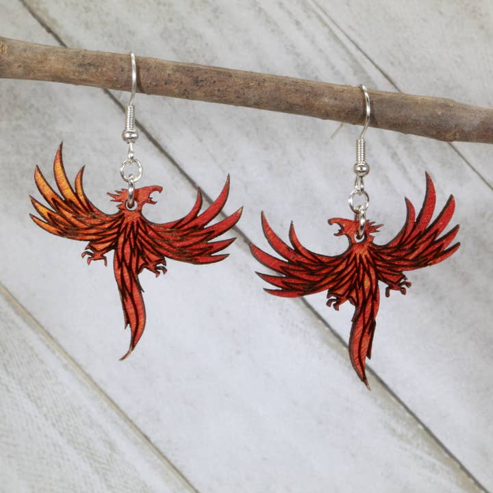 Mystical Phoenix Wooden Earrings for wholesale by Cates Concepts