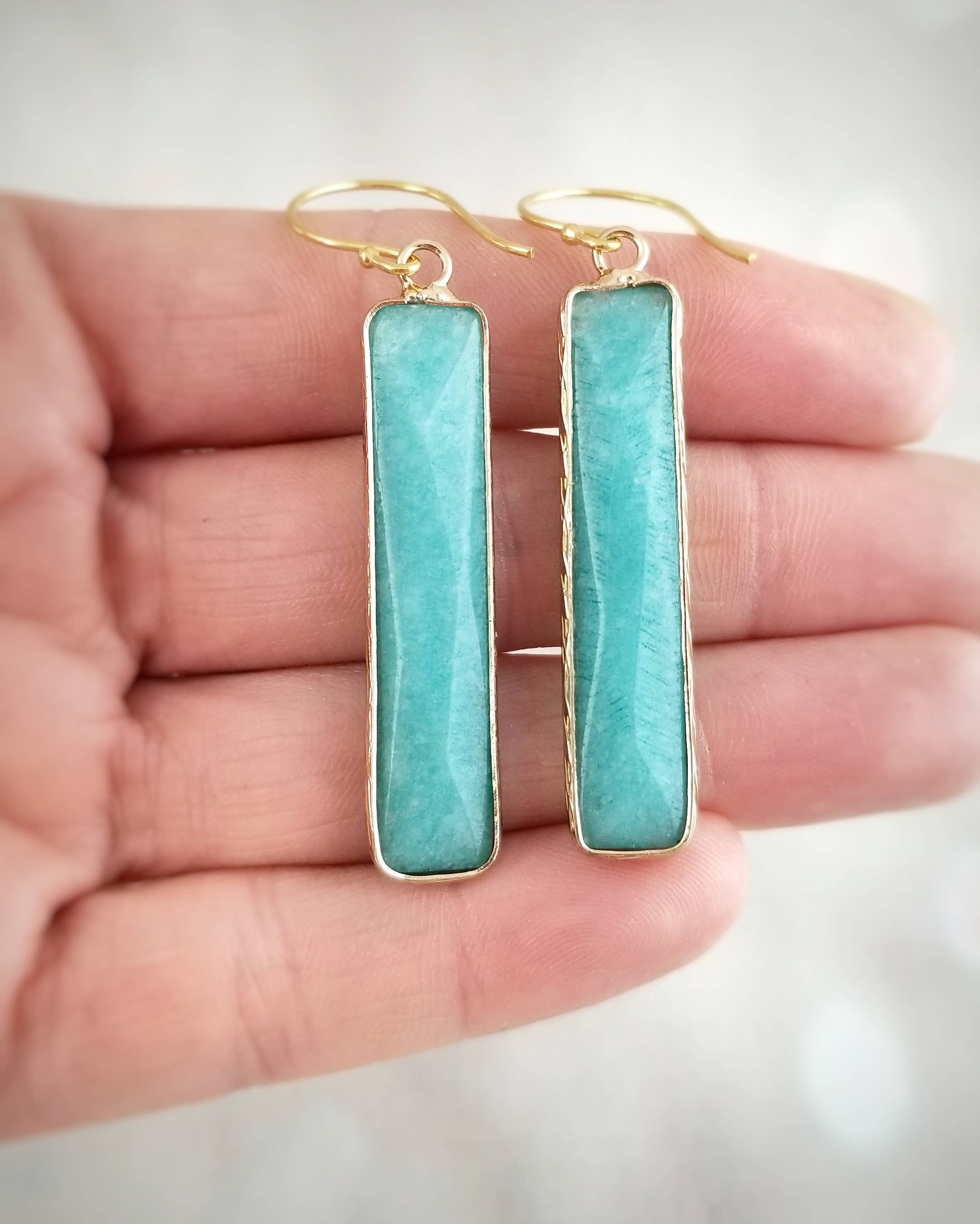 WonderLight Jewelry - Vente Boucles d'oreilles pendantes - Boucles d'oreilles en forme de barre de cristal - Amazonite/Confidence6