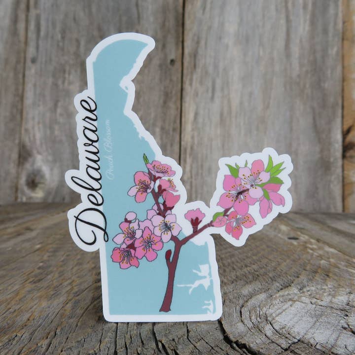 Delaware State Shaped Sticker Peach Blossom State Flower Waterproof Souvenir Home Pride Travel Water Bottle Laptop for wholesale by Kirk's Krafts