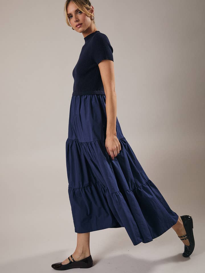 Sunday Edition by LE LIS - Wholesale Dress - Women's - MOCK NECK SHORT SLEEVE KNIT & WOVEN MIX TIERED MIDI DRESS15