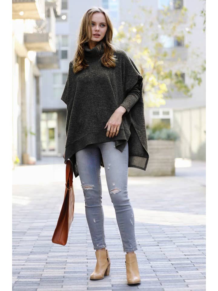 42POPS - Wholesale Poncho - Women's - '.Brushed Melange Cowl Neck Poncho Hi-low Sweater8