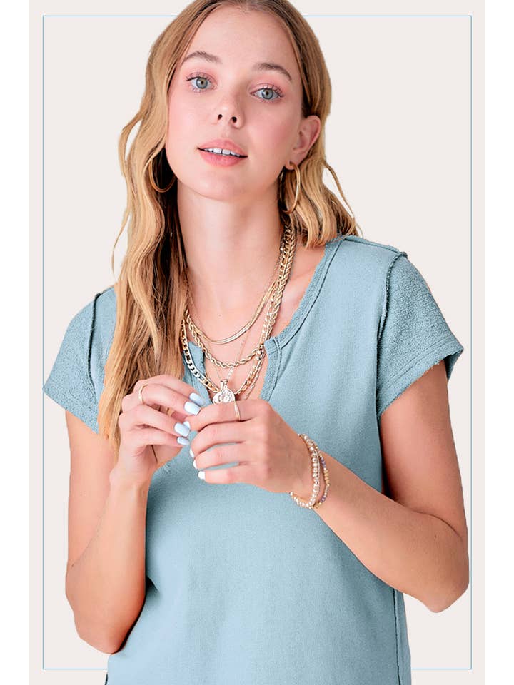 La Miel - Wholesale Gebreide top - Dames - JBT7655-getextureerde top van zachte badstof met ruwe rand en korte mouwen9