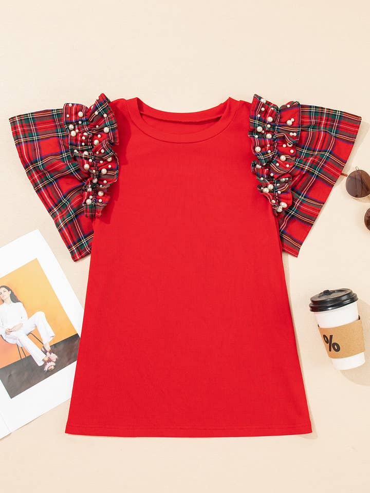 Plaid Patchwork Pearl Beaded Ruffle Sleeve T-Shirt for wholesale by LALA LOO