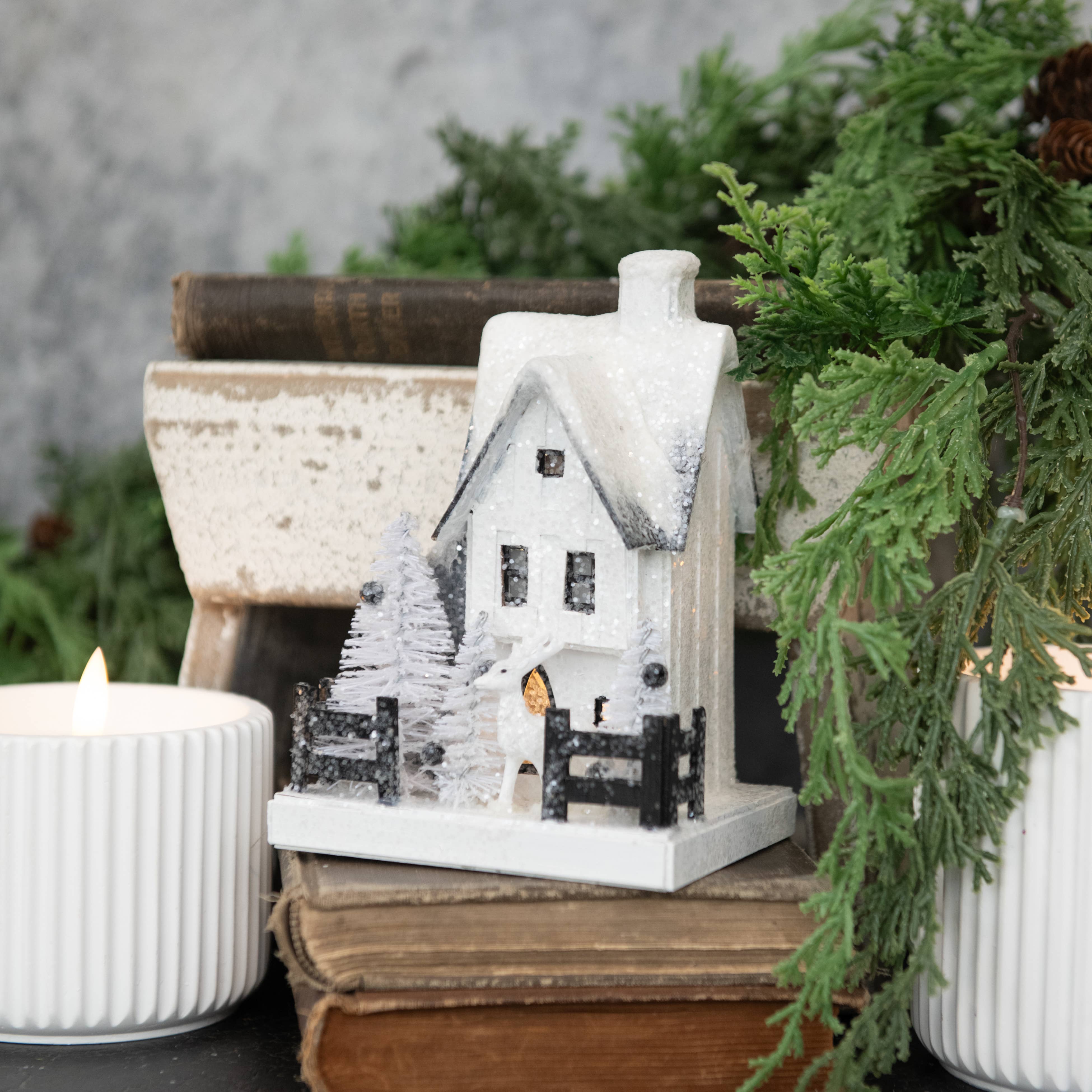 Ragon House - Wholesale Christmas Decoration - 6" LIGHT UP SNOW COVERED HOUSE W/ DEER0