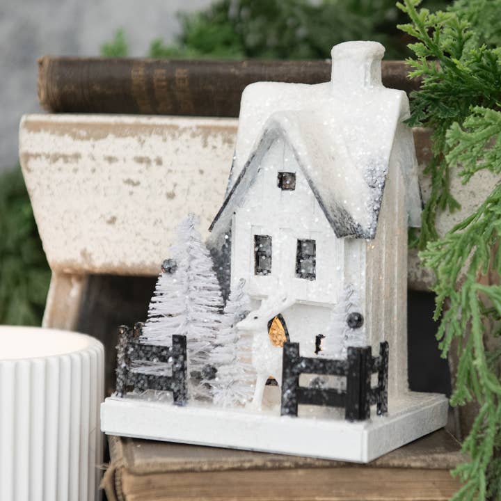 Ragon House - Wholesale Christmas Decoration - 6" LIGHT UP SNOW COVERED HOUSE W/ DEER0