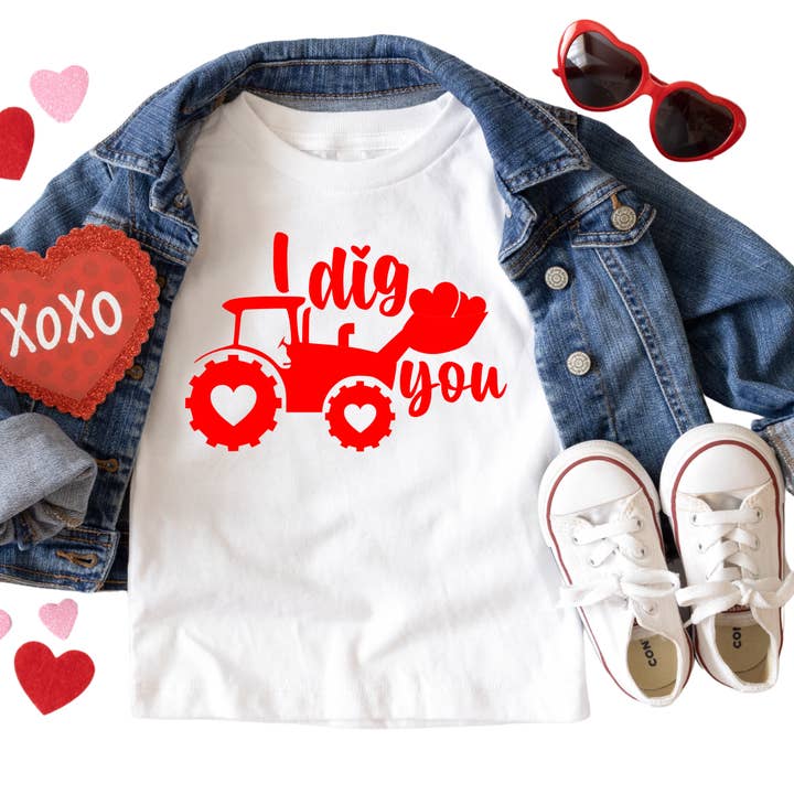 I Dig You Tractor Valentine's Day Shirt - Baby, Toddler, Youth Sizes - Cute Kids Valentine Outfit - Red Tractor with Hearts Graphic Tee for wholesale by Epic Life - Designed