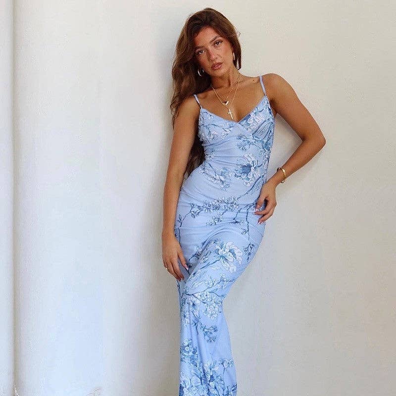 UZ Wholesale Store – wholesale Dress – Women's – Elegant Bodycon Floral Print Strappy Maxi Dress1