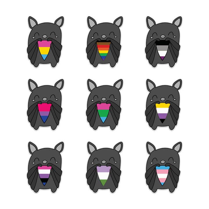 Autocollant en vinyle chauve-souris avec drapeau de la fierté LGBTQIA+ pour la vente par Mouthy Broad