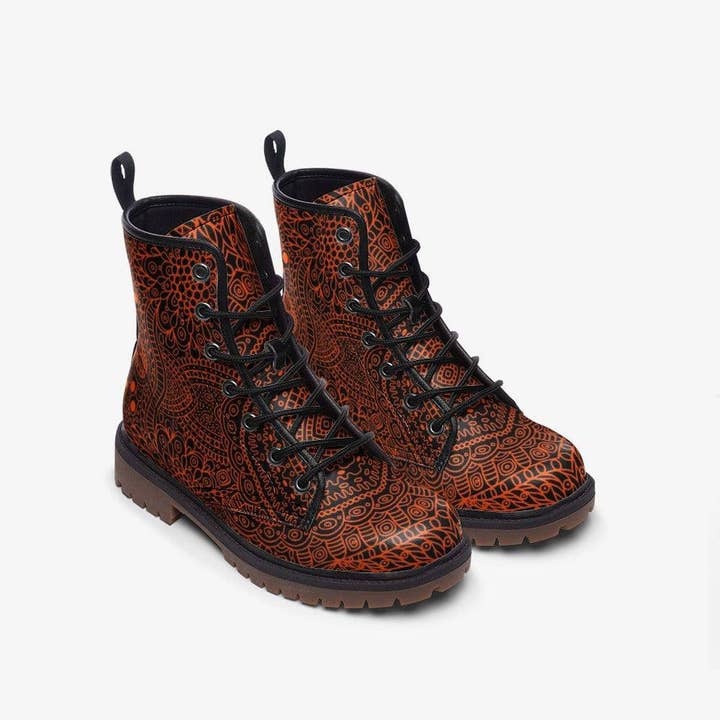 Raiana's Vibes - Wholesale Combat/Military Boots - Men's - Psychedelic Vegan Leather Boots, Red Tribal Combat Boots