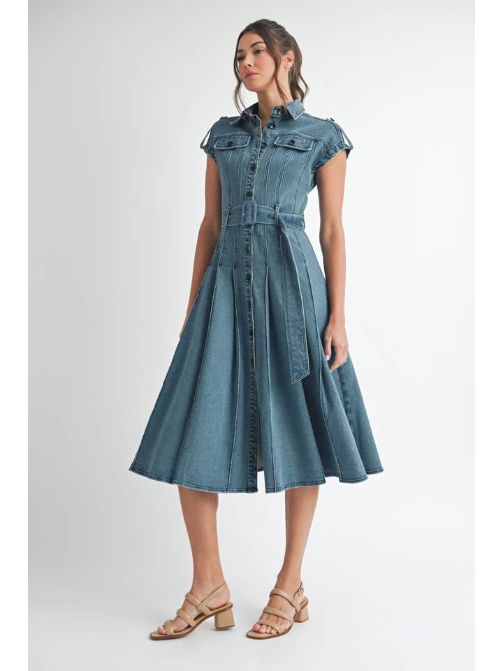 MIDIUM WASH Denim Belted Midi Dress for wholesale on Faire6