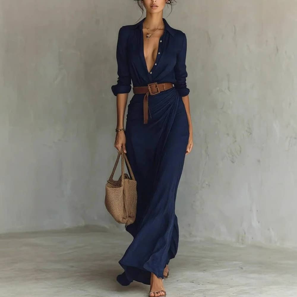 ElevateWell - Wholesale Dress - Women's - New Autumn Woman Deep V Neck Hollow Long Dress Elegant Solid6