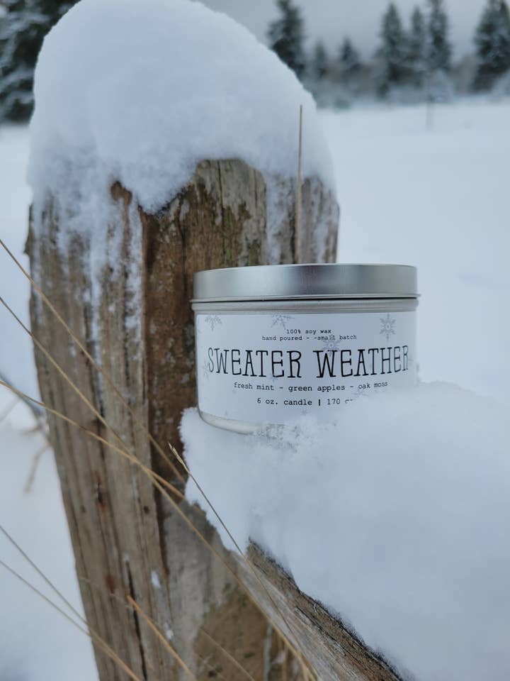 Sweater Weather - 6 oz Tin Candle for wholesale by Spurs N' Sage