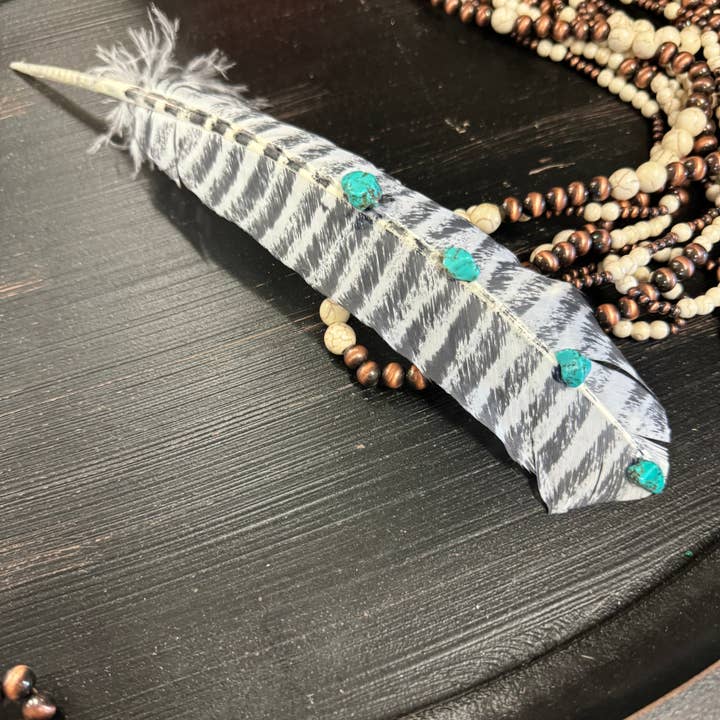 Wildflowers and Barley - Wholesale Feathers - Turquoise Studded Premium White Barred Turkey Feather