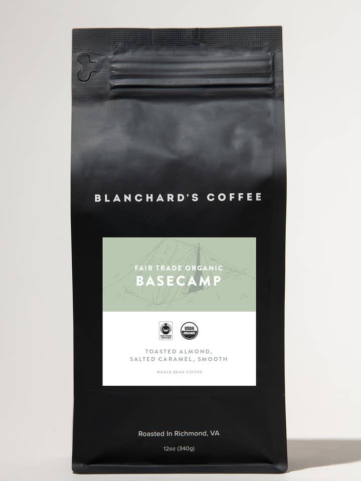 Basecamp Organic Medium to Full-bodied Coffee Beans for wholesale by Blanchard's Coffee Co.