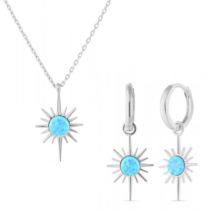 Blue Opal Northernstar Drop Hoop Earrings & Necklace Set in Sterling Silver for wholesale by Spero London