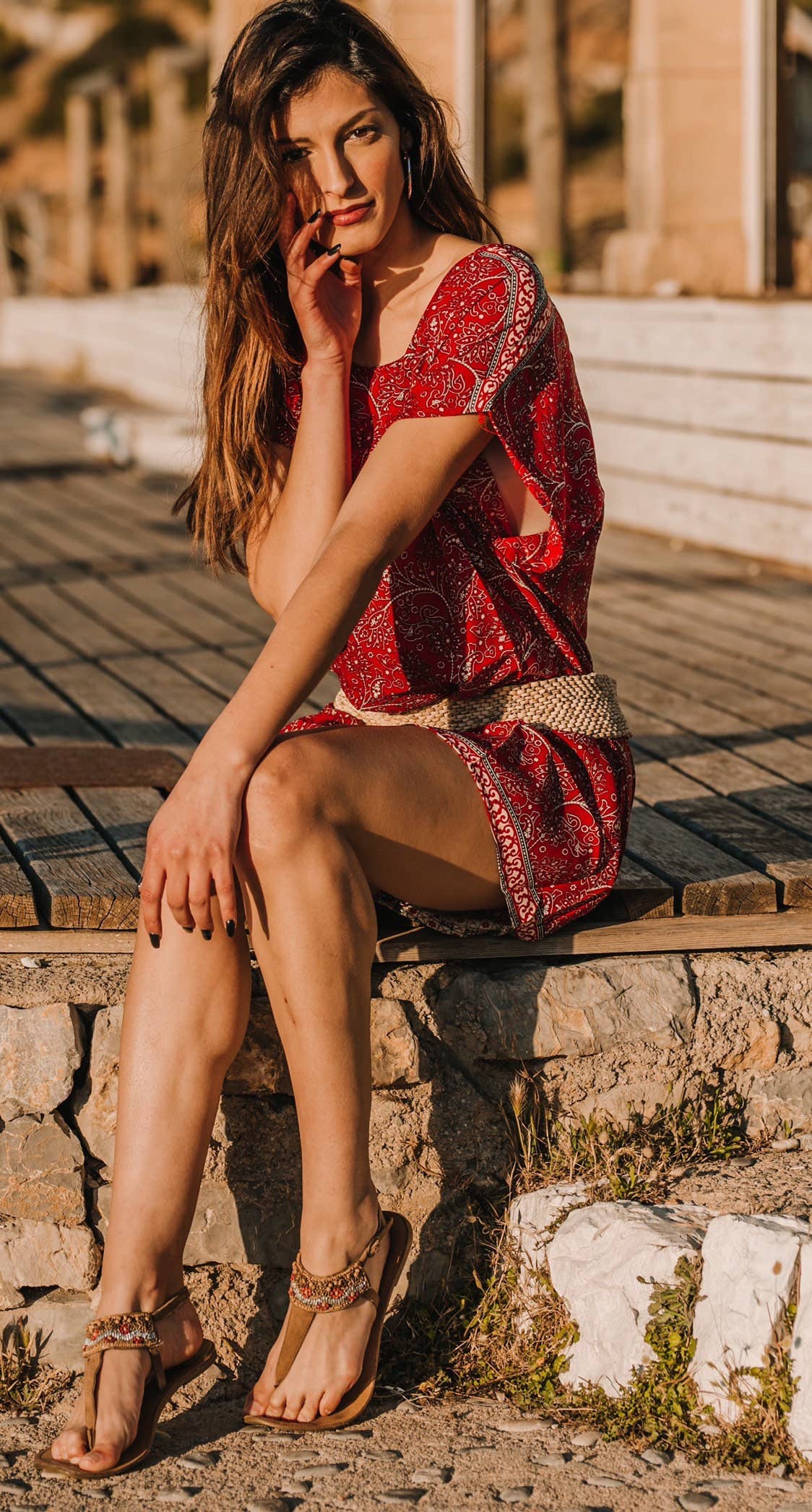 Miss Kitsch – wholesale Dress – Women's – Red Short Dress, Boho Dress, Summer Dress, Beach Dress, Resort Wear, Blouse Dress, Holiday Dress, Short Dress with Sleeve Corfu Dress5