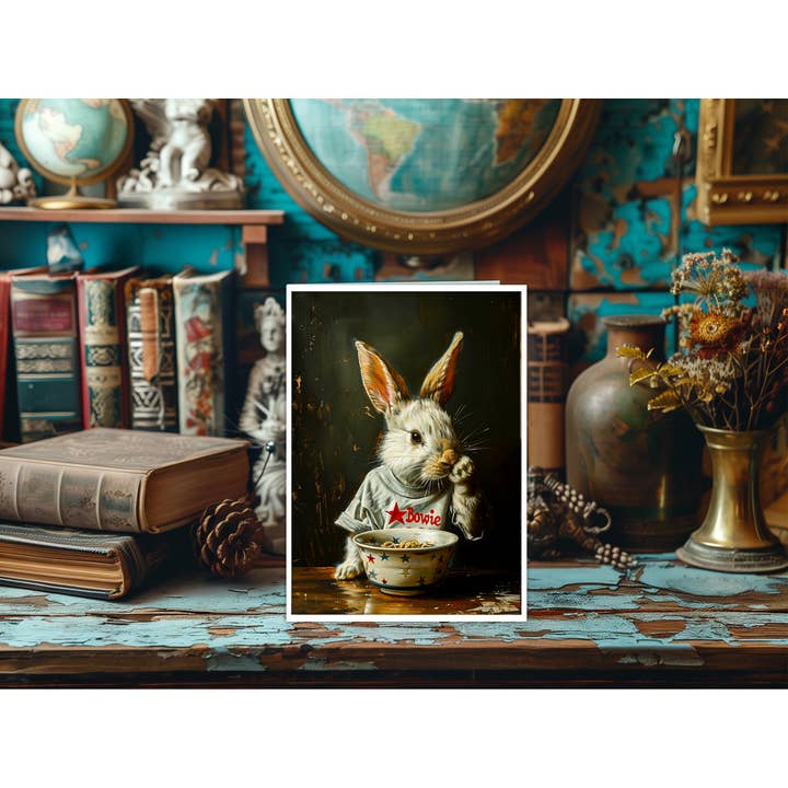 Salty Alyce - Wholesale Everyday Greeting Card - Bowie Shirt Rabbit Eating Ramen Noodles Blank Card 108AS