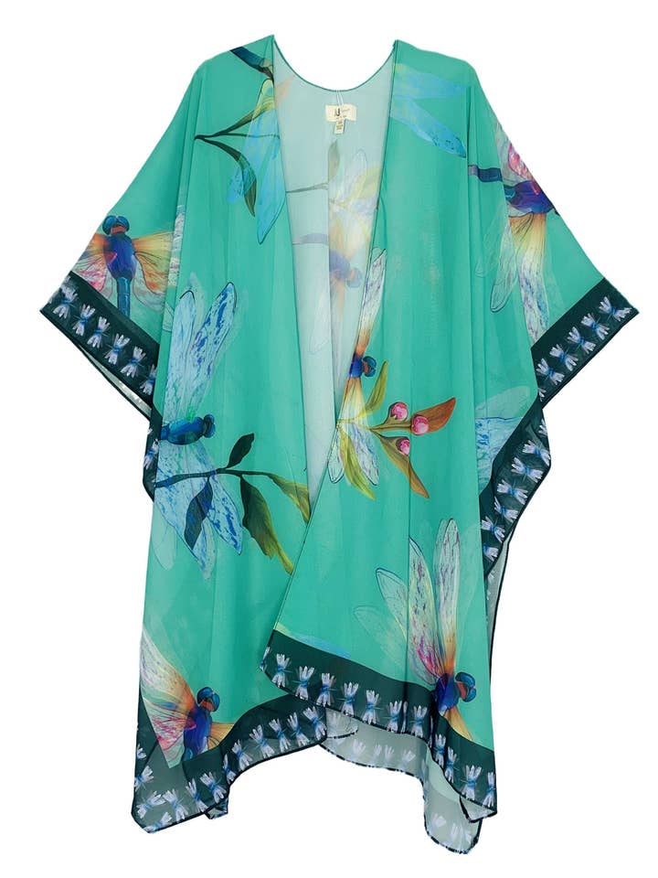 JC071022 Aqua-Multi Dragonfly Artwork Kimono for wholesale by JC Sunny Fashion